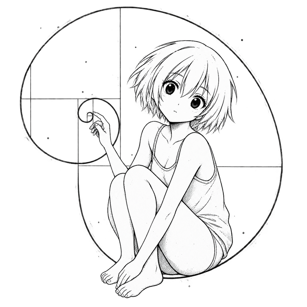 A monochrome drawing of the same girl seated inside a Fibonacci spiral.