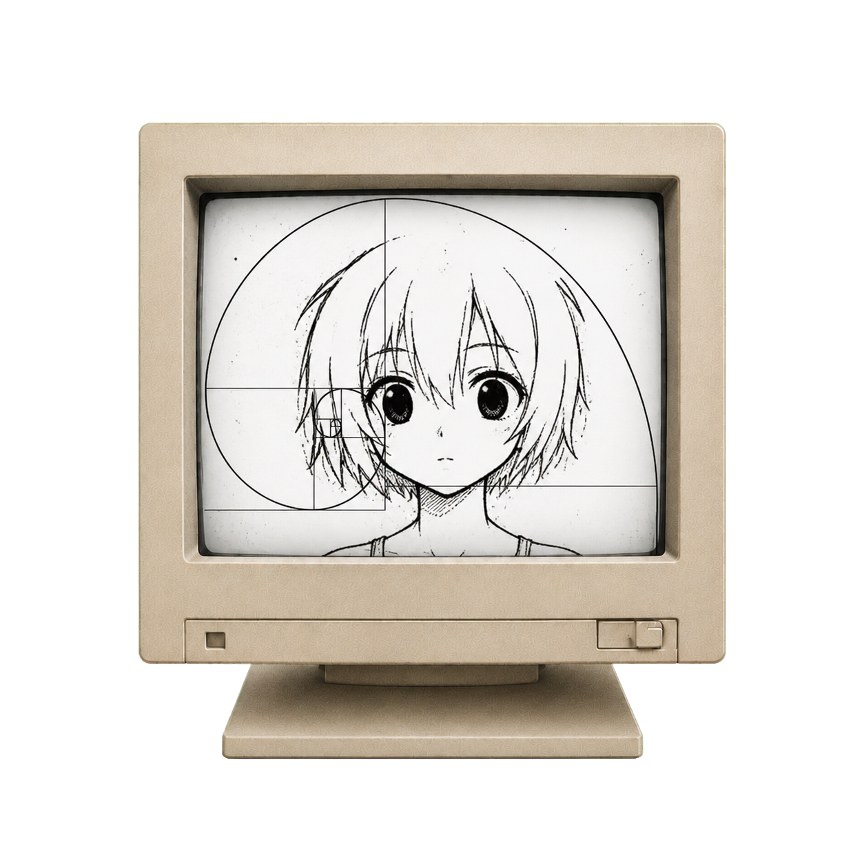 An isolated beige computer monitor showing a hand-drawn anime girl beneath a Fibonacci spiral.