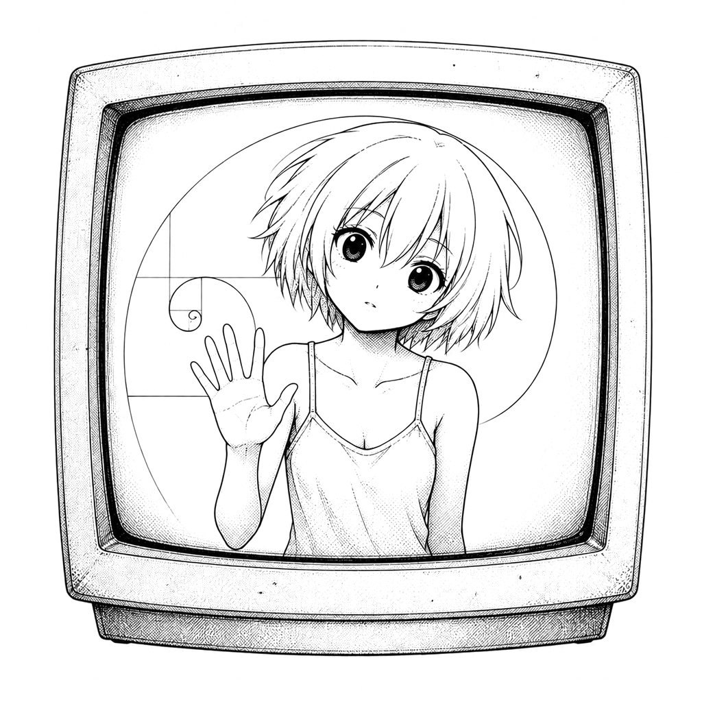 A monochrome drawing of the girl behind old monitor glass, touching the screen from inside.